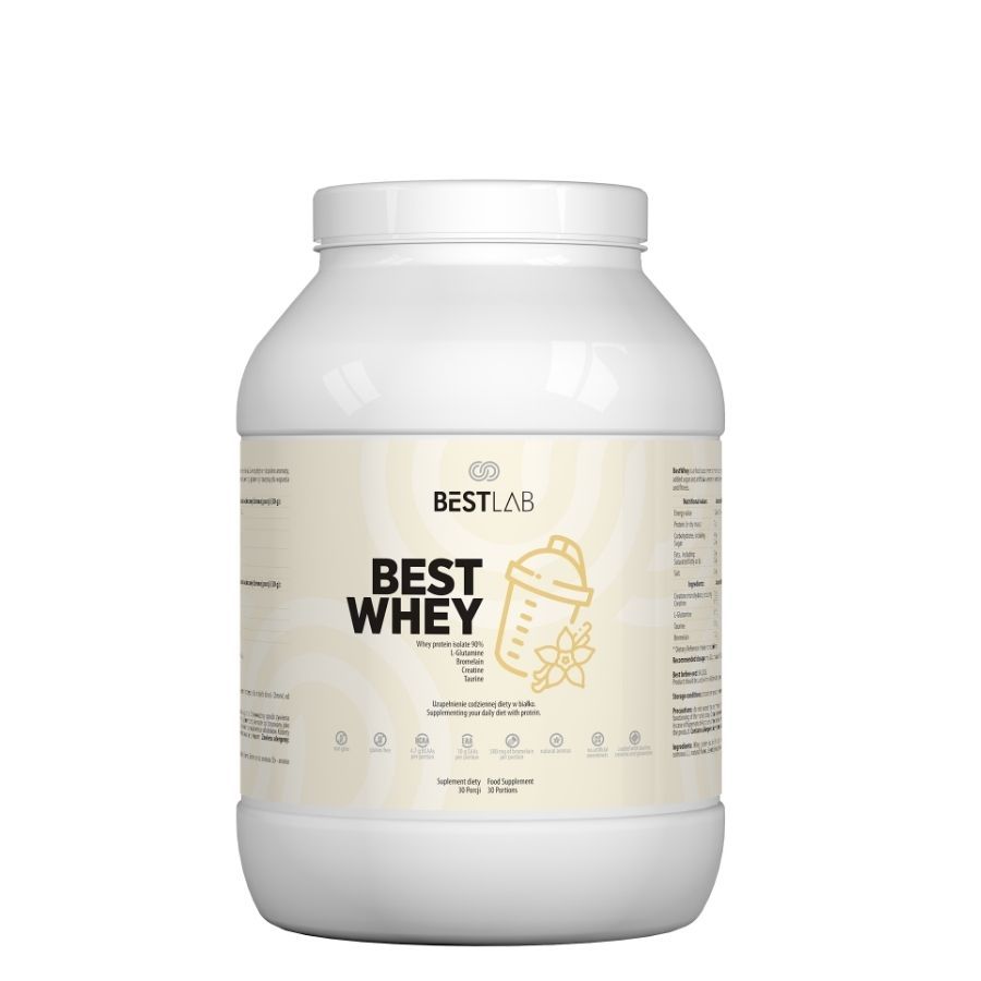 Weißes Best Lab Whey Proteinpräparat mit Aufdruck. Logo und Schriftzug "BEST WHEY" auf der Vorderseite. Behälter mit Deckel.