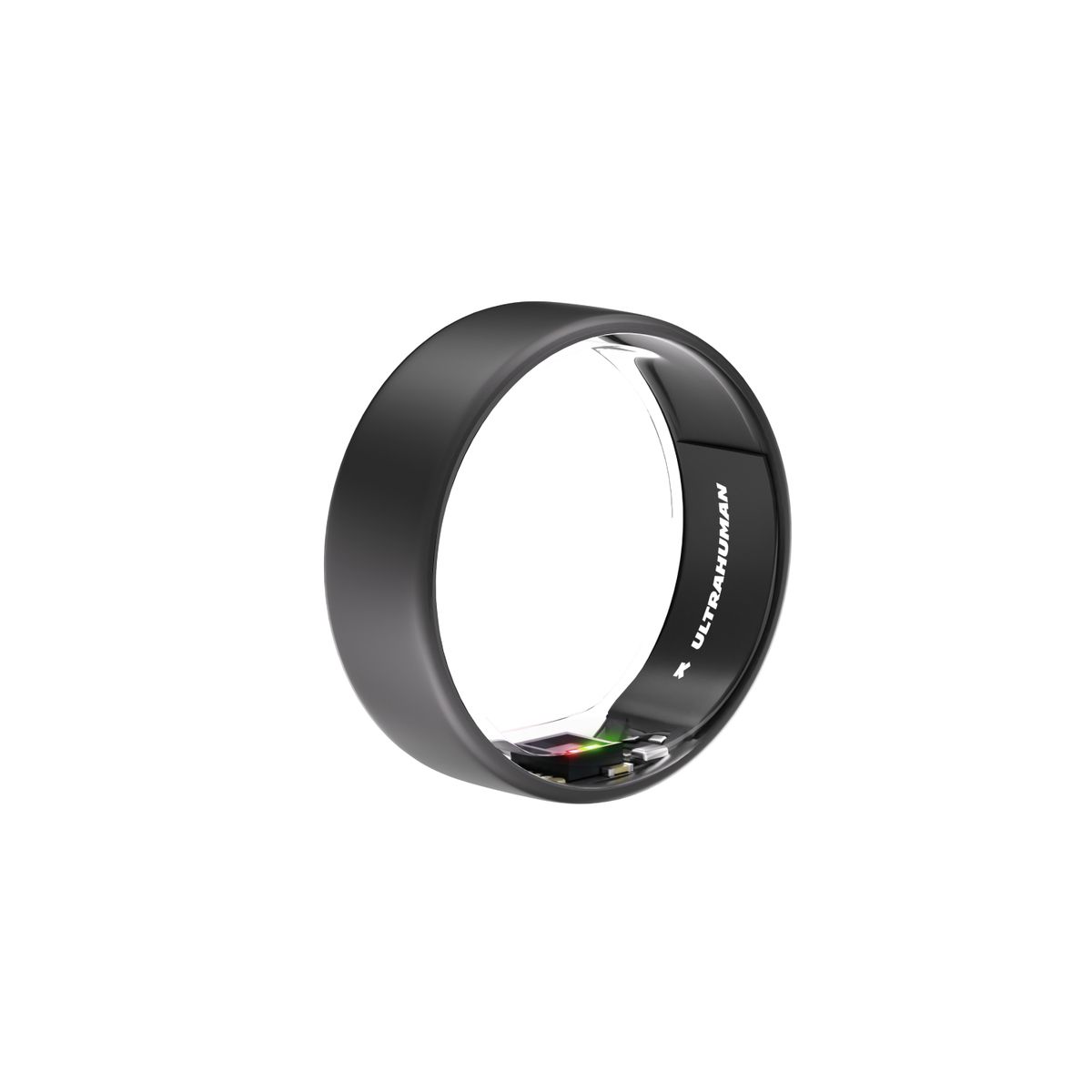 Mattschwarzer Ring. Innen steht 'ULTRAHUMAN'. Runde Form. Sichtbare elektronische Komponenten und LED.