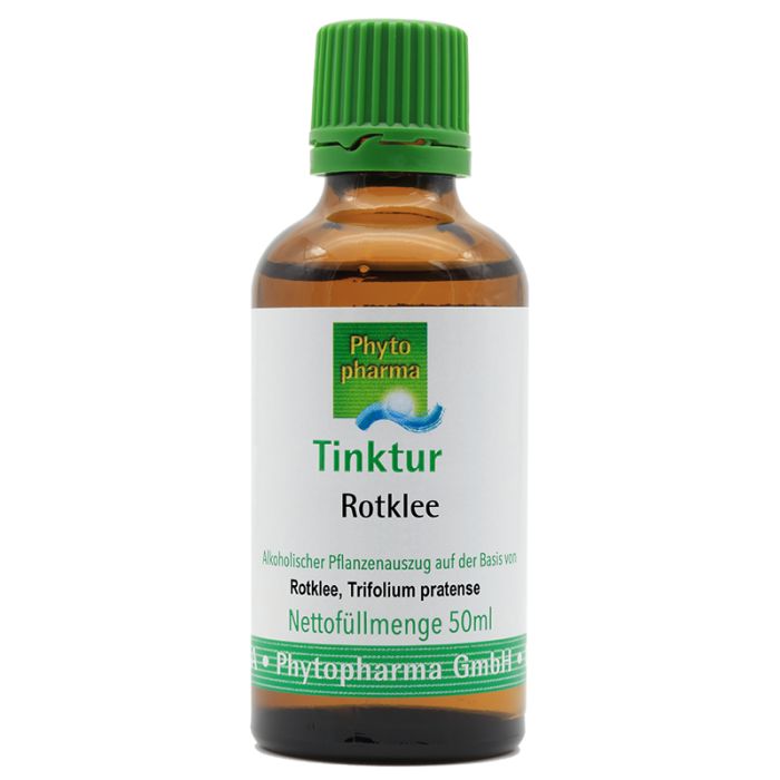 Braune Glasflasche mit grünem Deckel. Etikett mit "Tinktur Rotklee" und "Phytopharma".