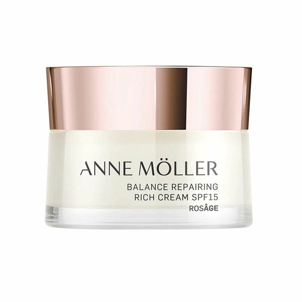 Creme-Glas mit roségoldfarbenem Deckel. Schriftzug: ANNE MÖLLER, BALANCE REPAIRING RICH CREAM SPF15, ROSÁGE.
