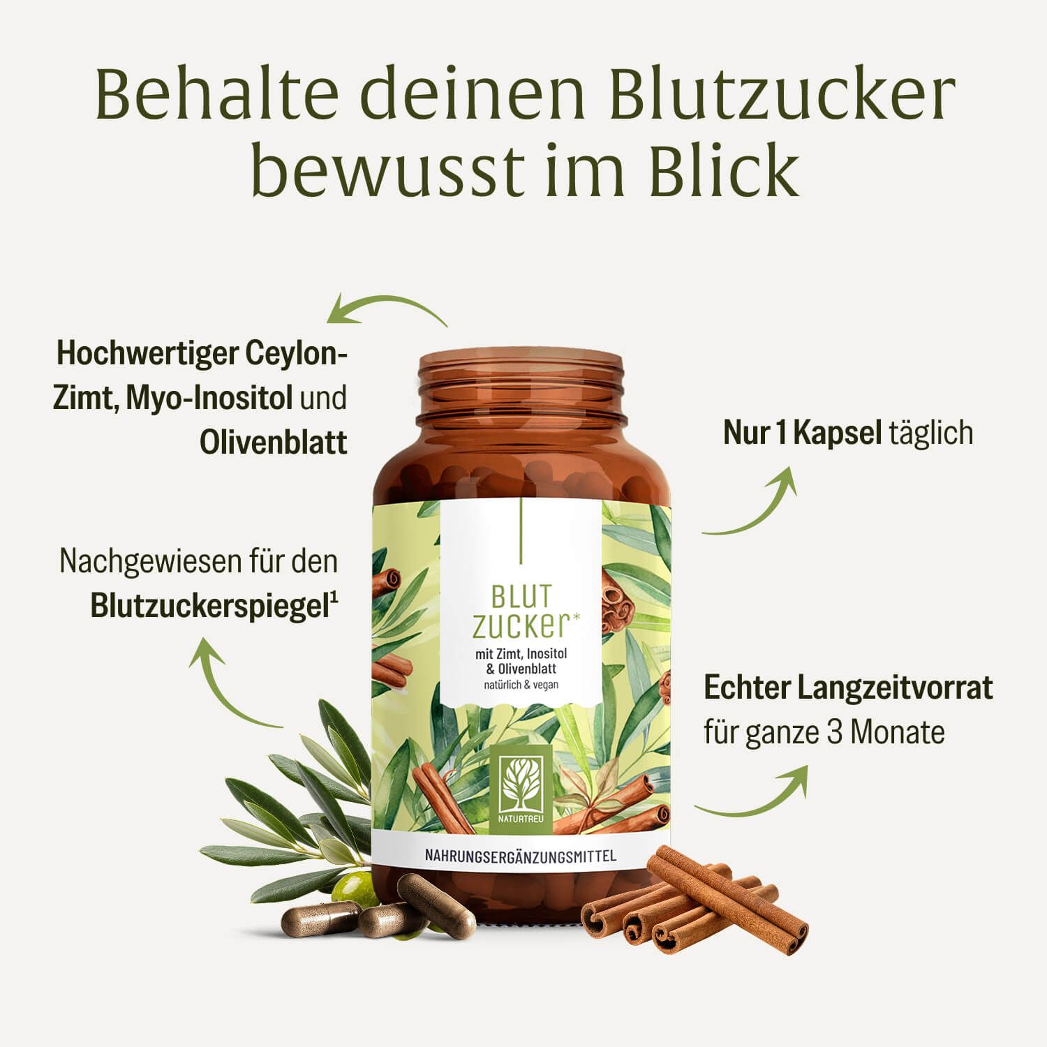 Flasche Blutzucker Komplex mit Zimt- und Olivenblatt-Design, umgeben von Zimtstangen und Blättern.