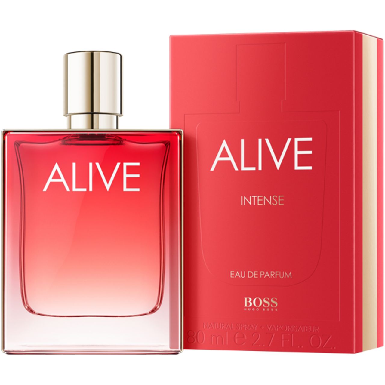 Roter Flakon und Verpackung. Aufschrift "ALIVE Intense" und "BOSS". Goldfarbener Verschluss.