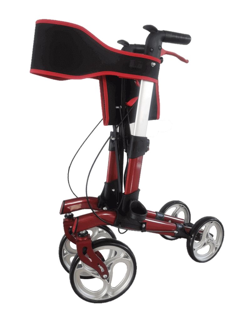 Roter Rollator mit schwarzem Sitz und Rückenlehne. Vier Räder. Bremsen und Handgriffe.