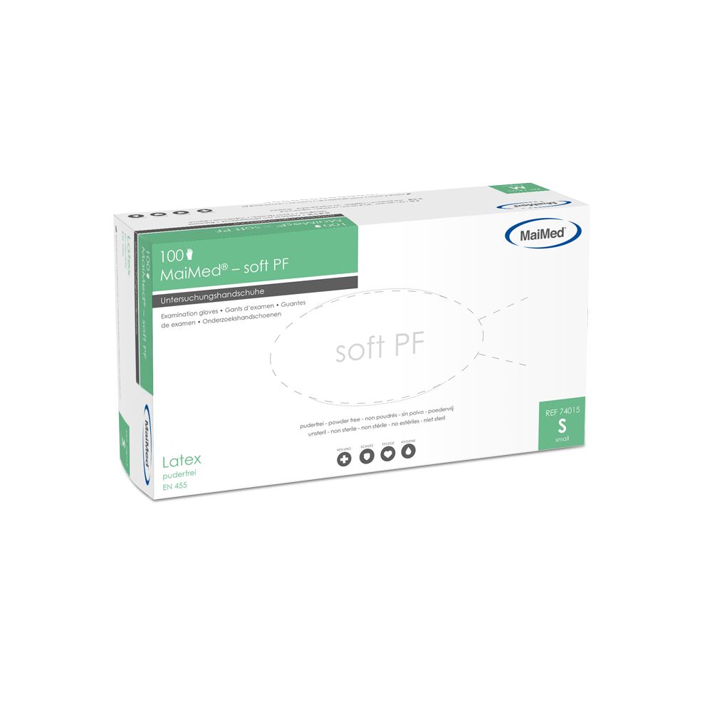 Verpackung von MaiMed soft PF Latex Handschuhen. Weißer Karton mit grünen Akzenten. Aufdrucke: Marke, Produktbezeichnung, Größe S.