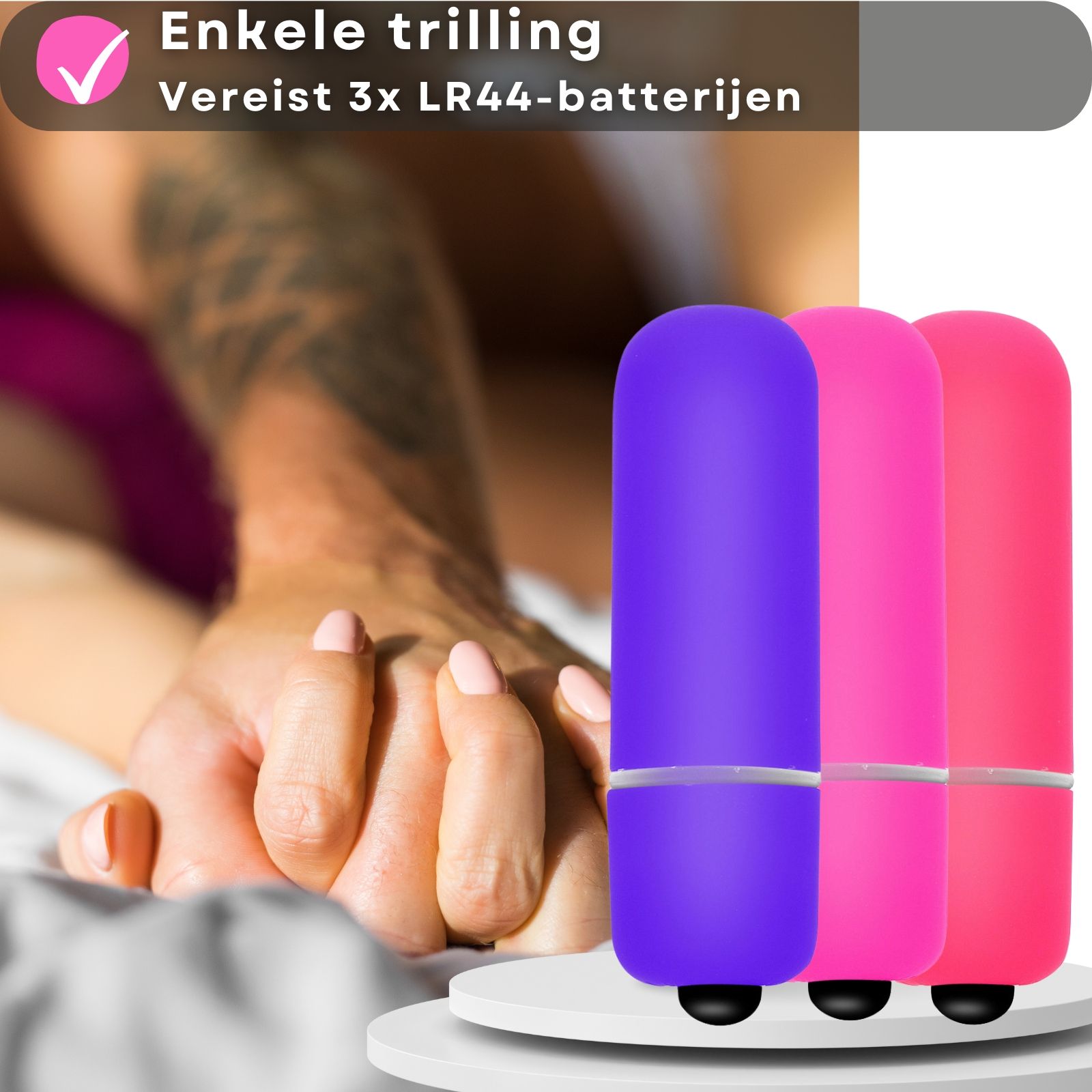 Productafbeelding met tekst. Enkele vibratie, vereist 3 LR44-batterijen. 3 vibrators.