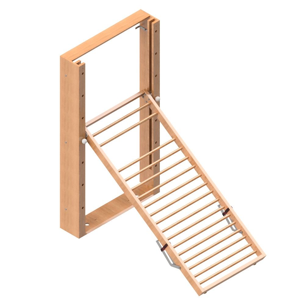 Sprossenwand mit schräger Leiter. Holzrahmen mit Sprossen. Metallgelenke und -füße. Neigungswinkel einstellbar.