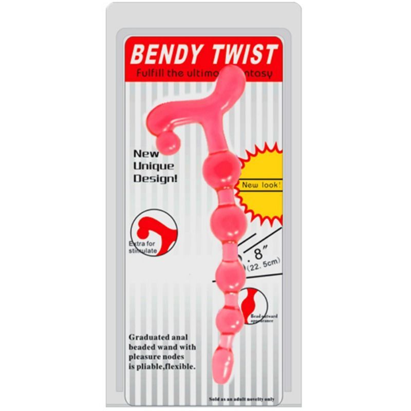 Verpackung mit rosa Analkugeln. Auf der Verpackung steht "BENDY TWIST". Das Produkt hat eine gebogene Form.