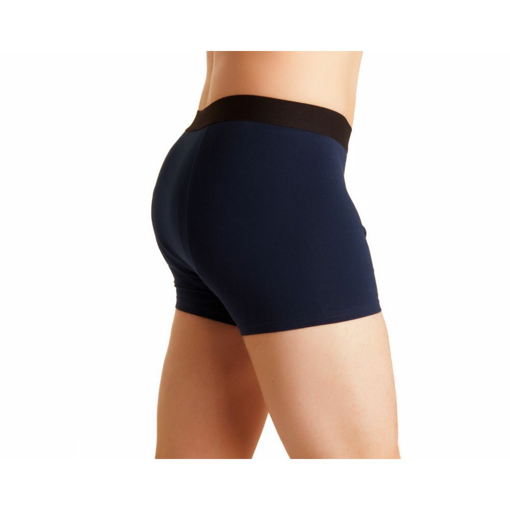 Blau-schwarze Inkontinenzhose für Männer. Schwarzer Bund, eng anliegend. Seitenansicht.
