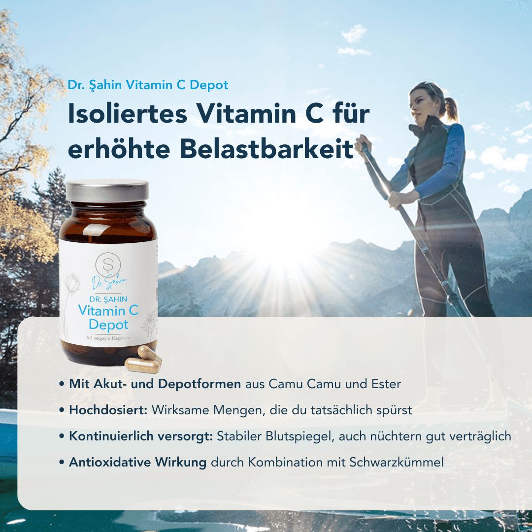 Produktflasche mit Etikett, daneben eine Person beim Paddeln. Text: Isoliertes Vitamin C für erhöhte Belastbarkeit. Weitere Textinformationen.