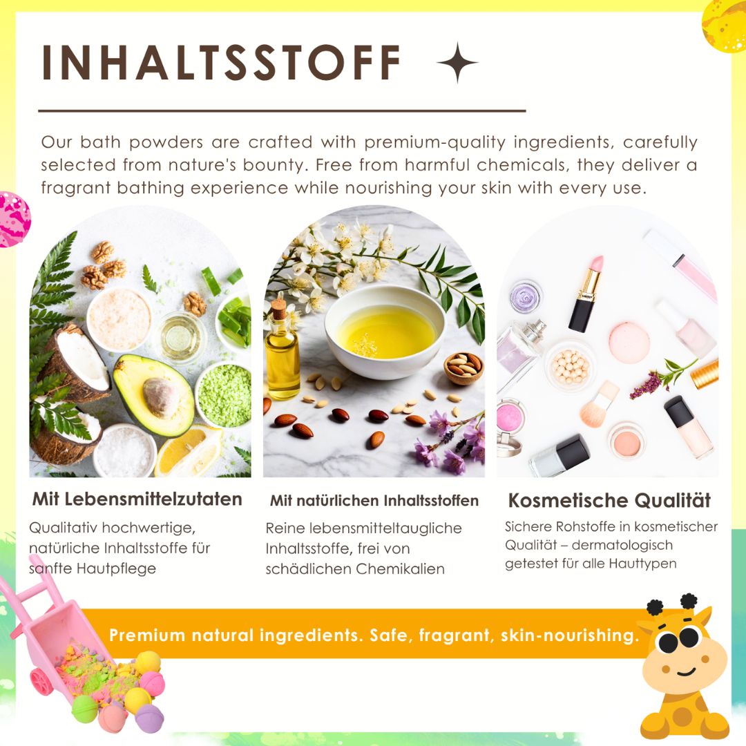 Grafik mit Inhaltsstoffen. Bilder von Kokos, Avocado, Blüten, Ölen. Text: Mit Lebensmittelzutaten, natürliche Inhaltsstoffe.