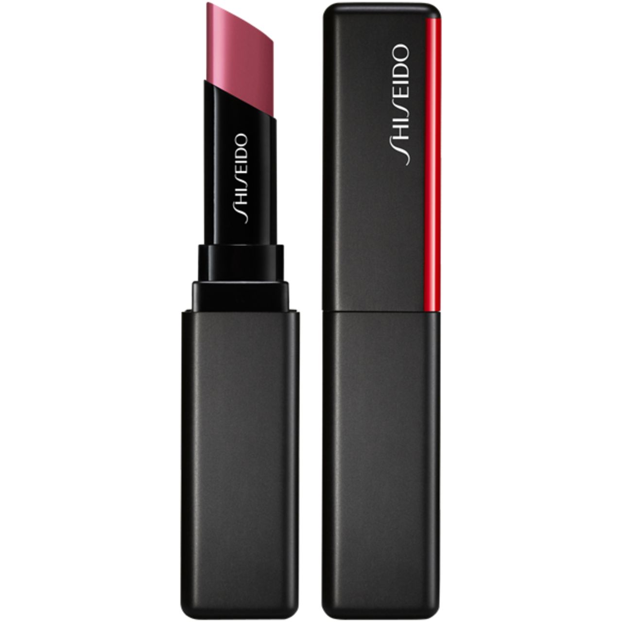 Lippenstift, geöffnet und geschlossen. Schwarze Hülle, roter Akzent, Shiseido-Logo. Rosa Lippenstiftfarbe.