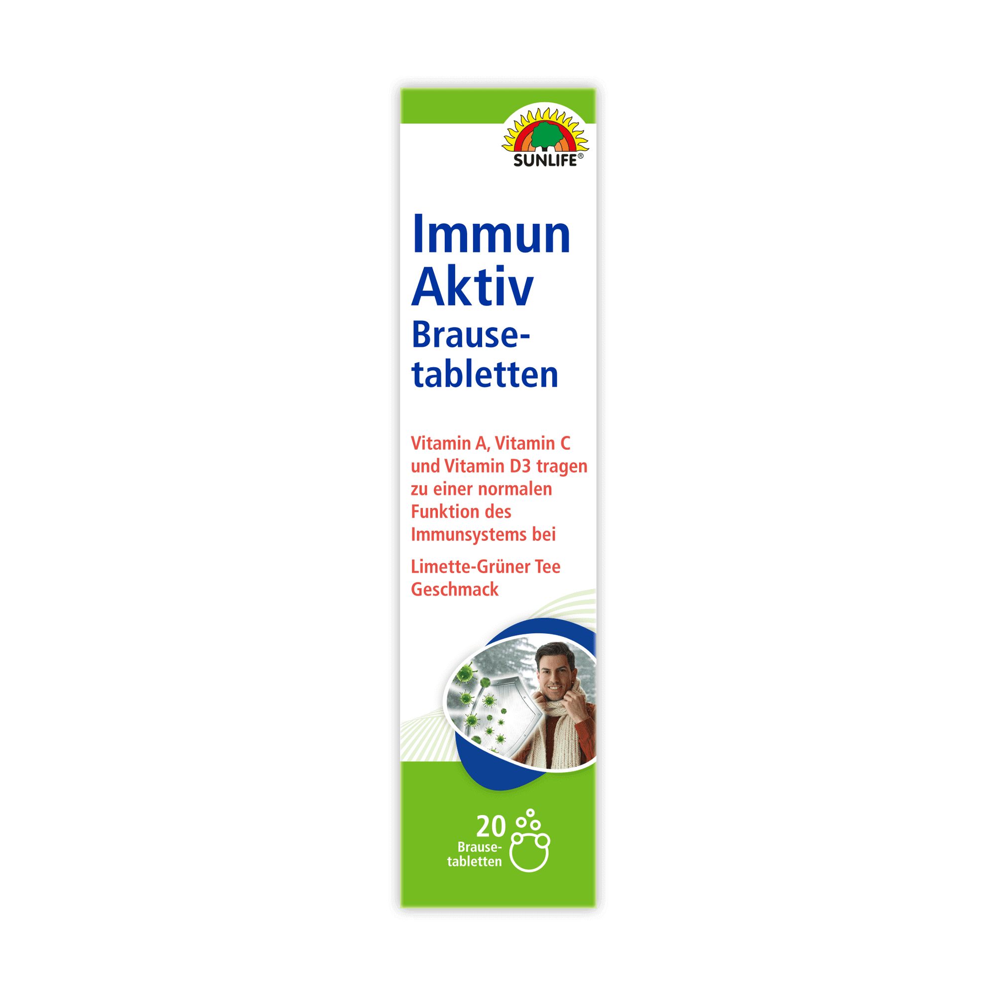 Grüne und weiße Schachtel mit SUNLIFE®-Logo und "Immun Aktiv Brausetabletten". Enthält 20 Brausetabletten.