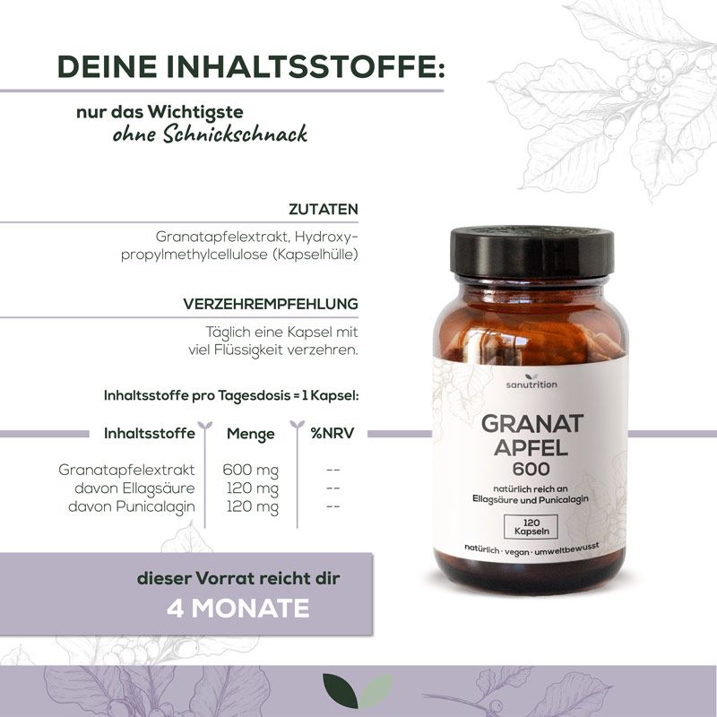 Infografik: Inhaltsstoffe, Verzehrempfehlung, Nährwertangaben. "GRANAT APFEL 600" Flasche. 120 Kapseln. Sanutrition Logo. Vorrat für 4 Monate.
