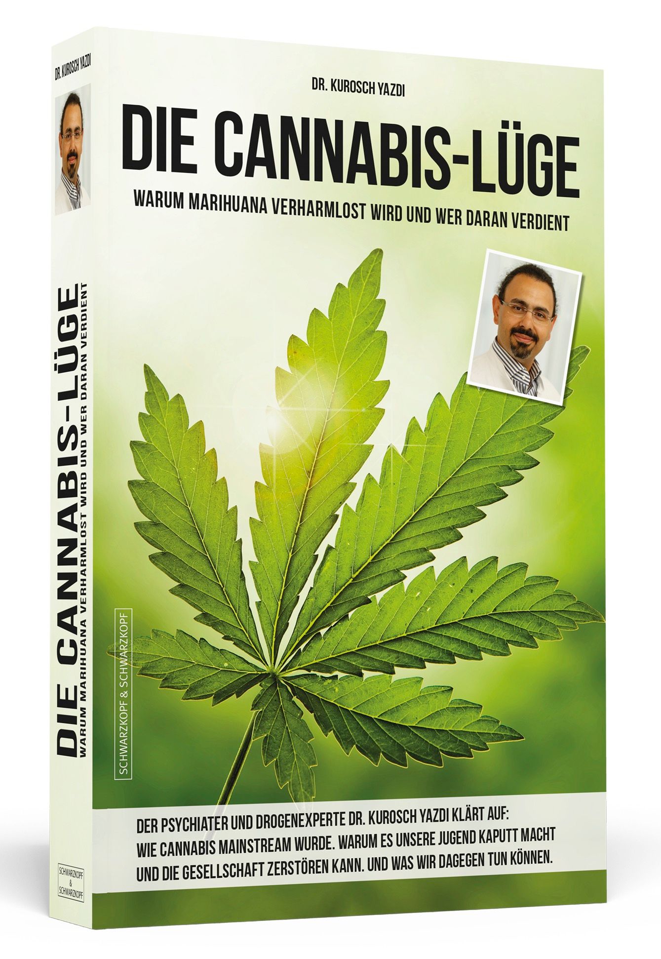 Buchcover: "Die Cannabis-Lüge". Titel, Autor, Cannabisblatt-Illustration. Schwarzkopf & Schwarzkopf Verlag.