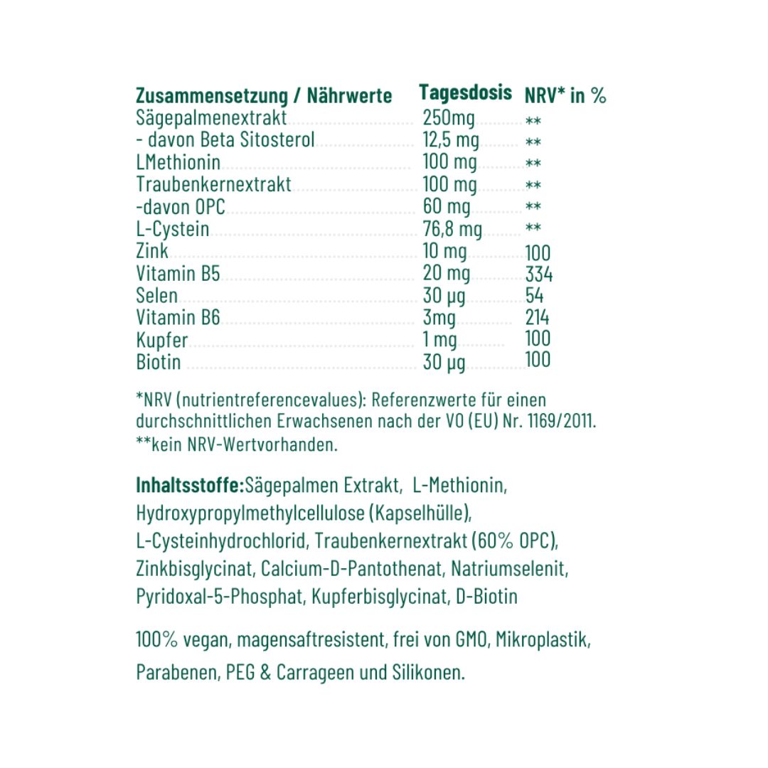 Tabelle mit Inhaltsstoffen und Nährwerten. Enthält Sägepalmenextrakt, L-Methionin, Zink, Vitamin B5, Selen, etc.
