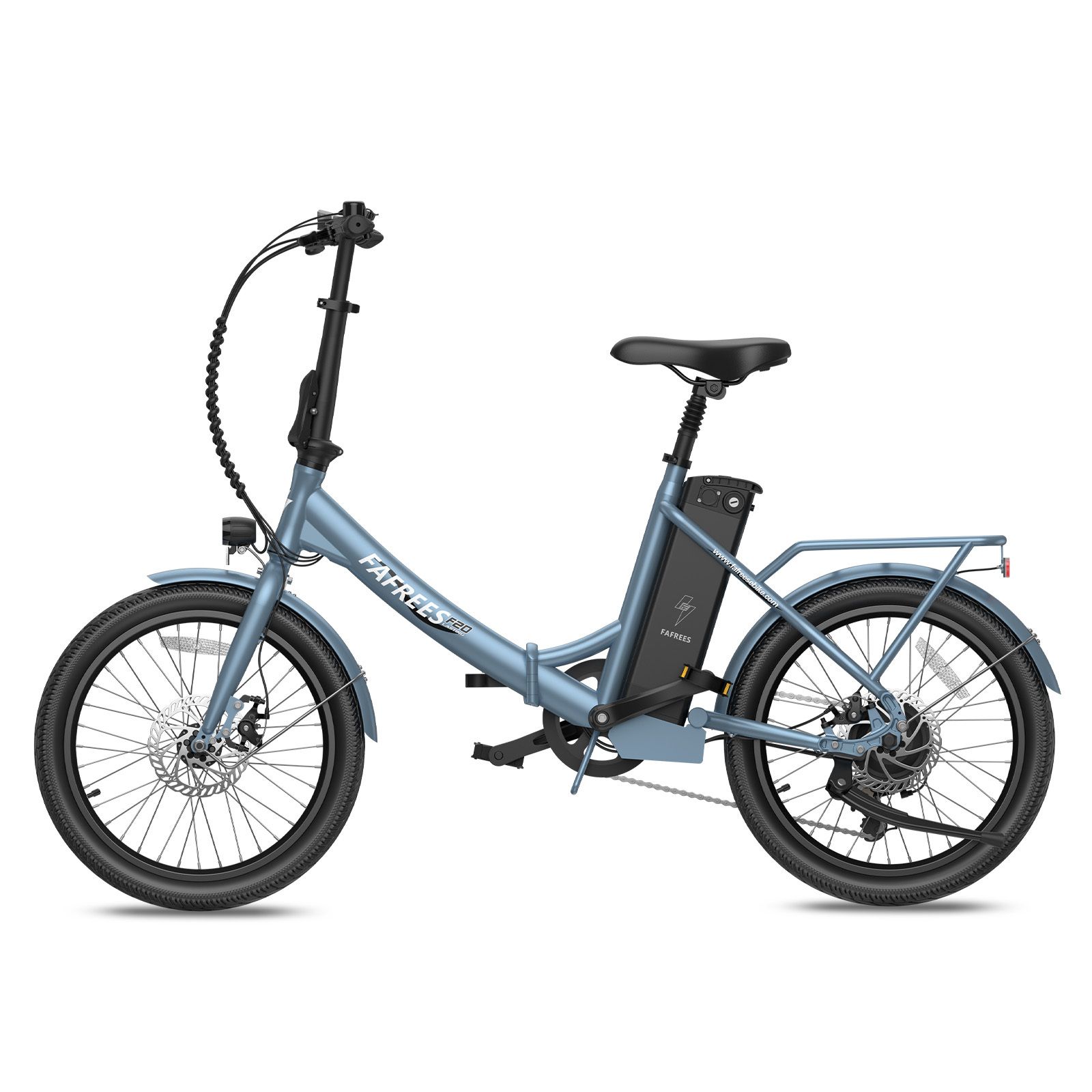 Blaues Fafrees F20 E-Bike. Klapprahmen, Gepäckträger, Scheibenbremsen. Akku am Rahmen. Schwarze Reifen und Sattel.