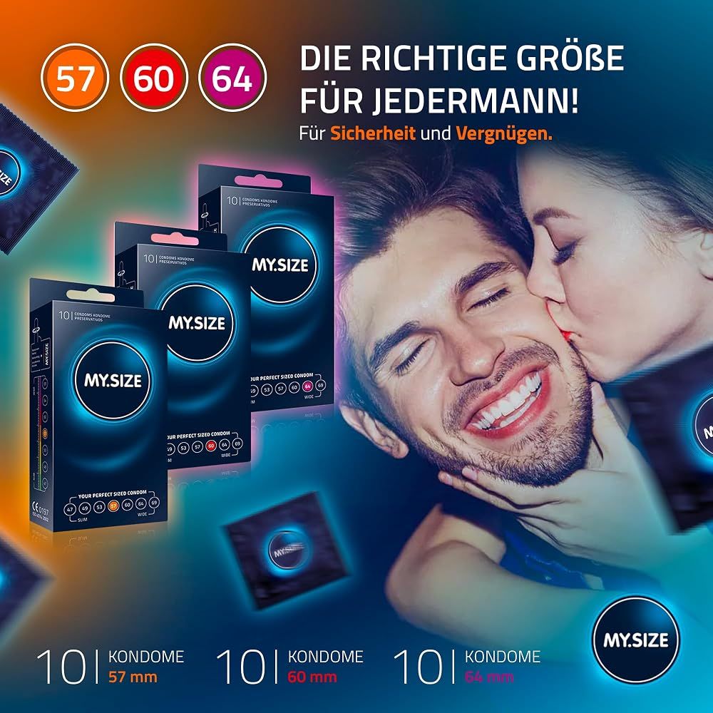 MY.SIZE Produktvarianten: MIDI, MAXI, MEGA mit Kondomen, Gleitgel und Massagekerze.