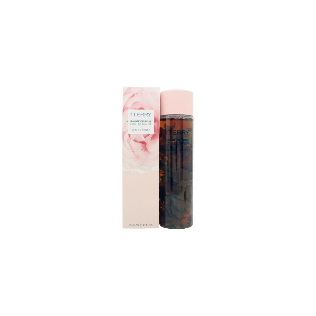 Zylindrische Flasche und Verpackung. Rosa Deckel, transparente Flüssigkeit mit Blüten. Verpackung mit Rosenmotiv und Text.