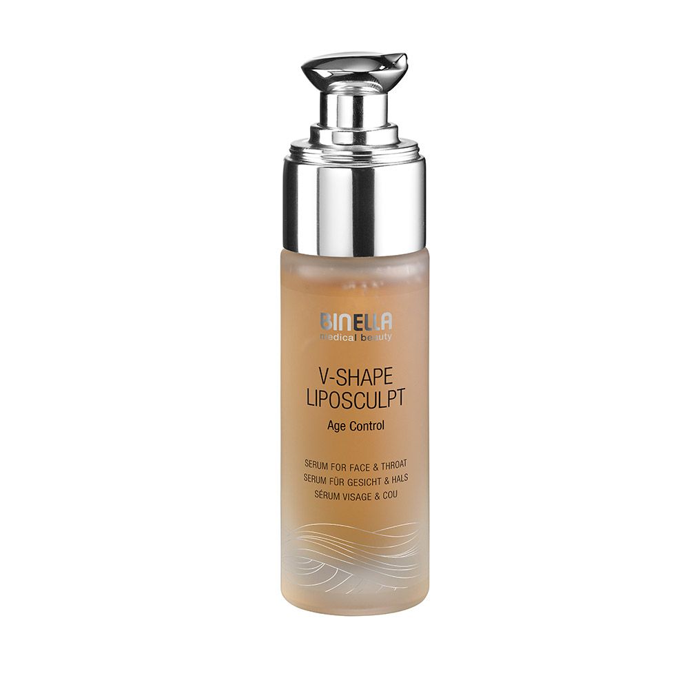 Serumflasche mit silbernem Pumpkopf. Aufschrift: V-Shape Liposculpt Age Control. Für Gesicht & Hals.
