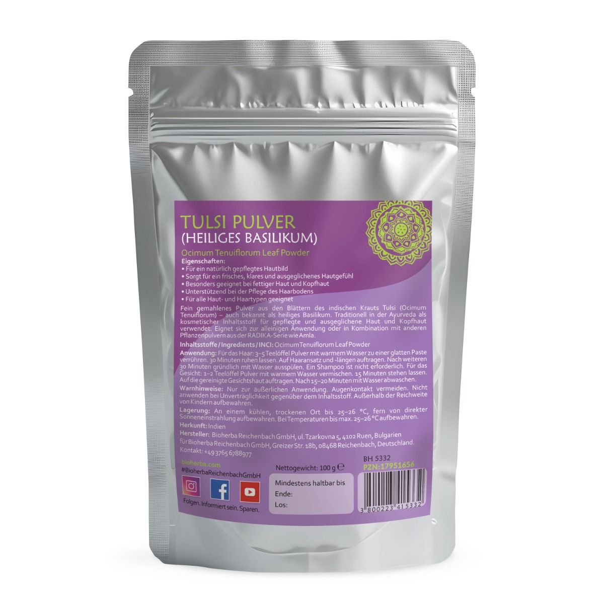 Rückseite einer silberfarbenen Tüte mit lila Etikett. Text: Inhaltsstoffe, Anwendung, Warnhinweise, Hersteller. Mindesthaltbarkeit und Chargennummer.