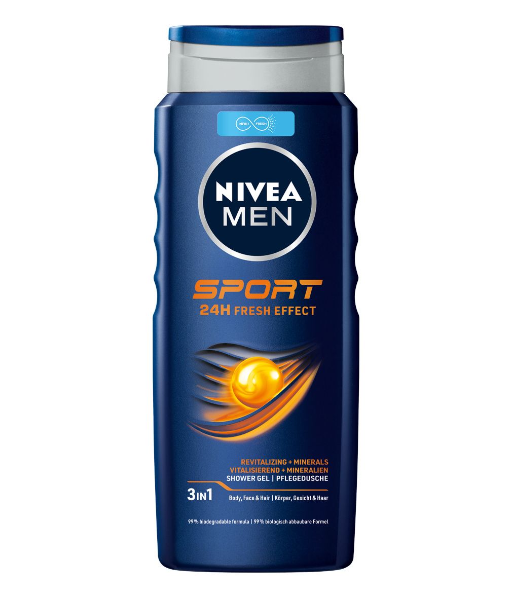 NIVEA MEN Sport Duschgel-Flasche. Blaue Flasche mit weißem Deckel. Aufschrift: Sport 24h Fresh Effect, 3in1. Gelbe Kugel-Grafik.