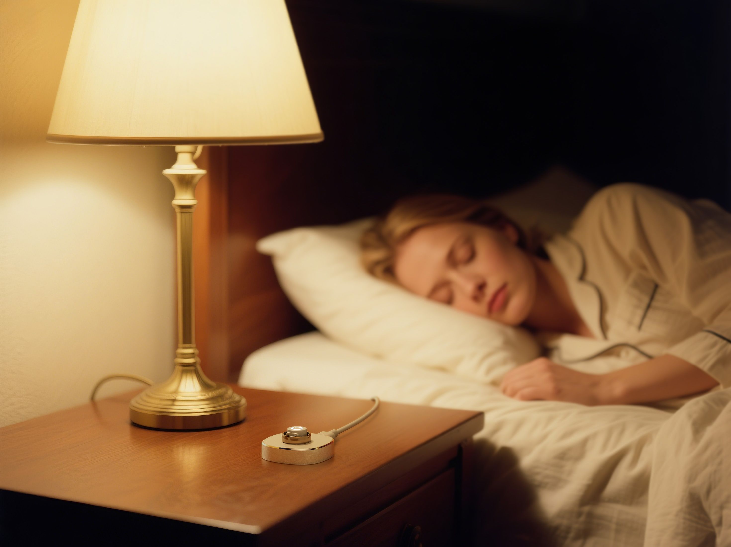Person schläft im Bett. Nachttisch mit Lampe und Gerät mit Kabel.