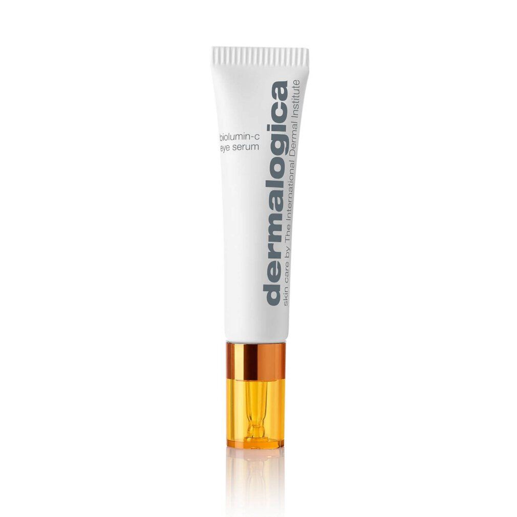 Weißer Tube mit goldenem Verschluss. Aufschrift: biolumin-c eye serum, Dermalogica. Skin care by The International Dermal Institute.