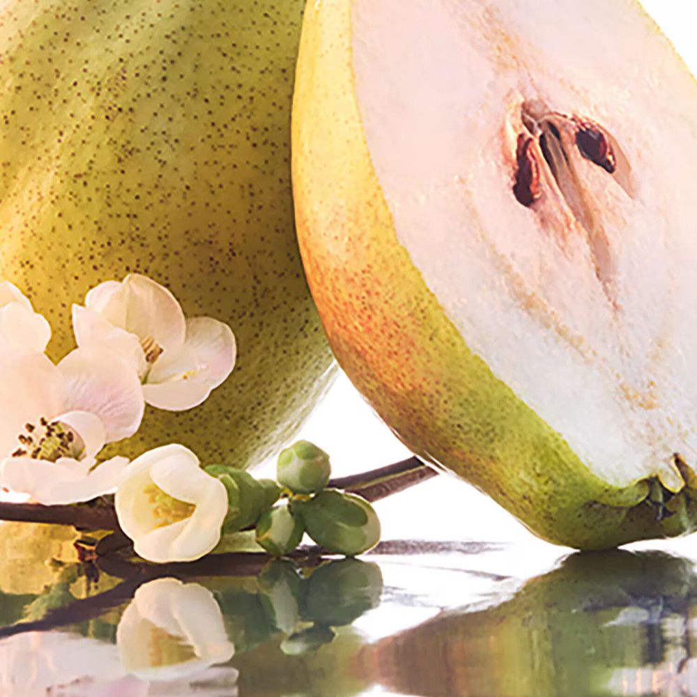 Halbe Birne mit Blüten. Grüne Schale, weißes Fruchtfleisch. Kleine weiße Blüten und Knospen.