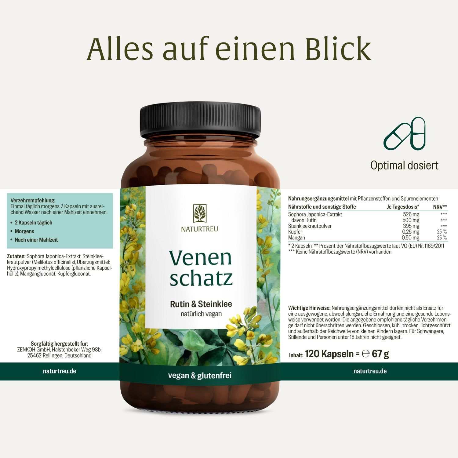 NATURTREU® 'Venen schatz' Flasche mit detaillierten Informationen und Nährwertangaben.