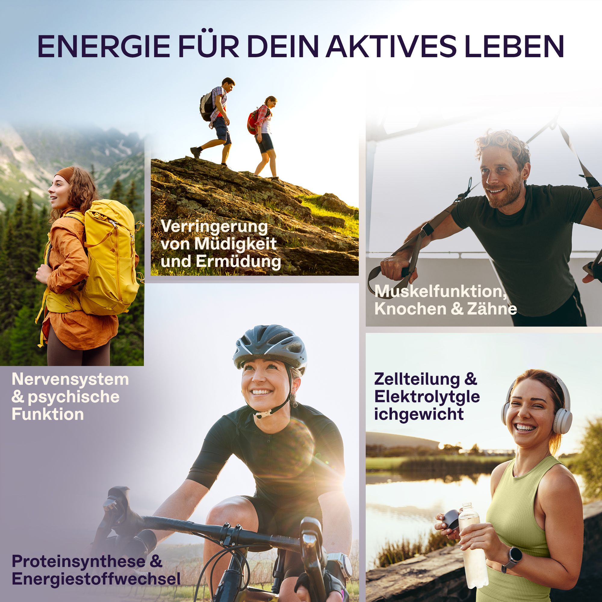 Bilder von Menschen in verschiedenen Situationen. Text: Energie für dein aktives Leben. Nervensystem, Muskeln, etc.