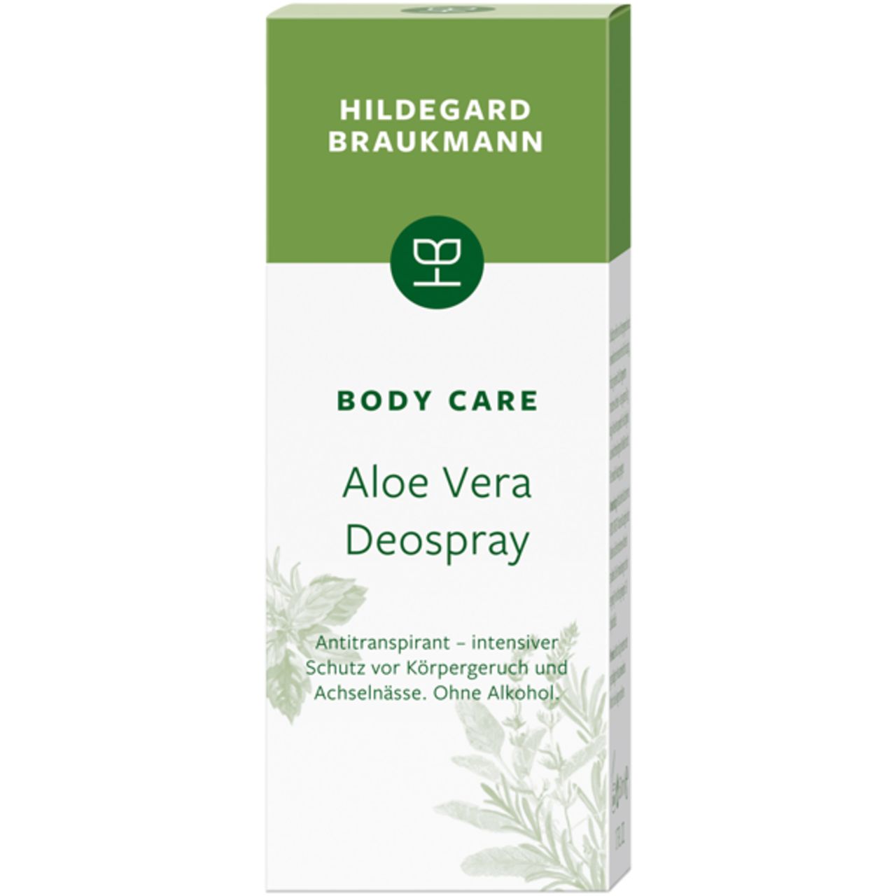 Verpackung mit Aufschrift: Hildegard Braukmann, Body Care, Aloe Vera Deospray. Grünes Logo. Text: Antitranspirant.