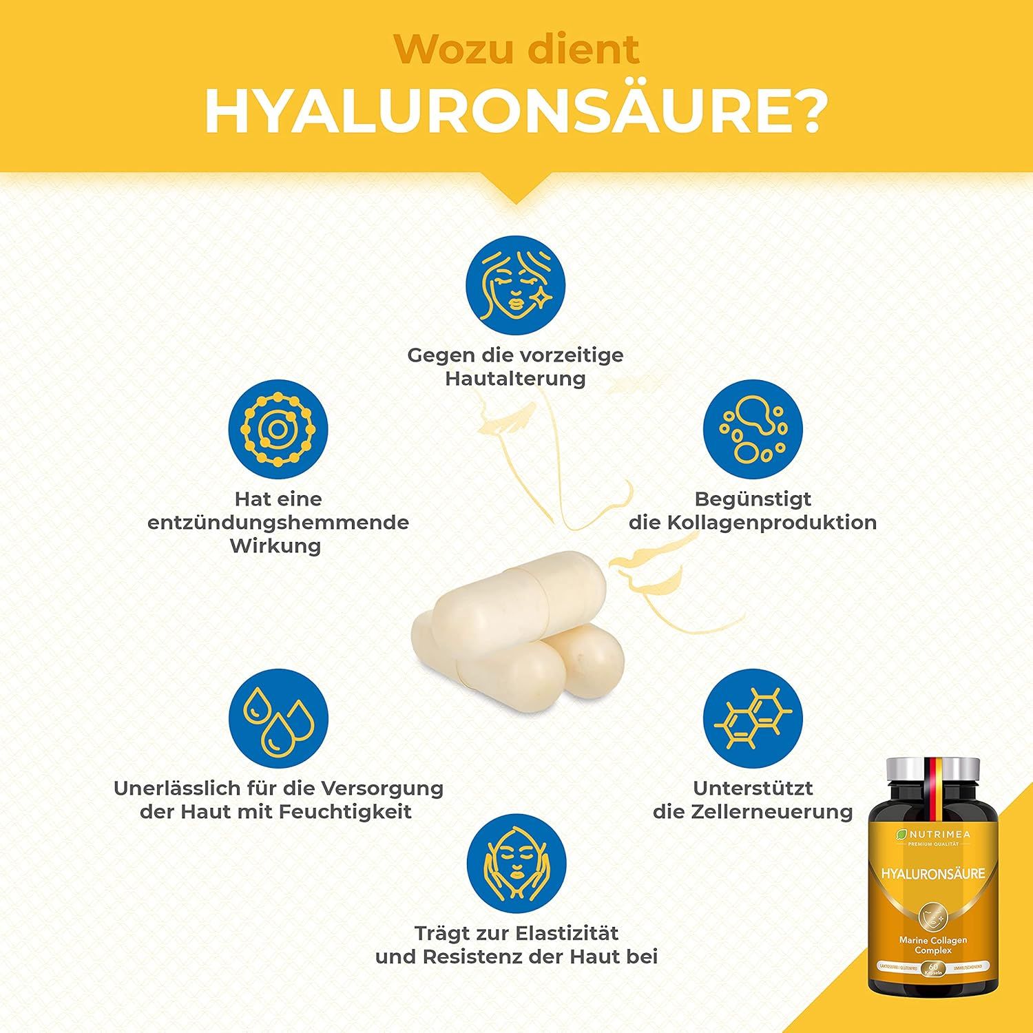 Drei Kapseln neben Infografik. Text: Hyaluronsäure, entzündungshemmend, gegen Hautalterung, Kollagenproduktion, Hautfeuchtigkeit, Elastizität.