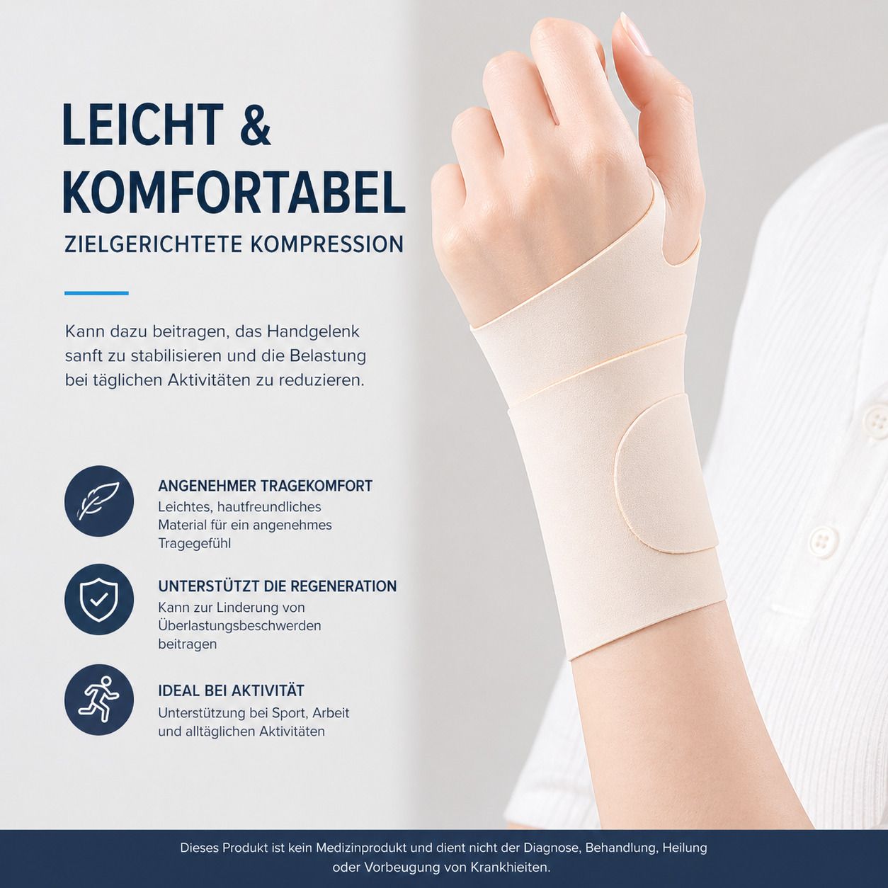 Handgelenkbandage am Handgelenk. Text: Leicht & Komfortabel. Unterstützt die Regeneration.