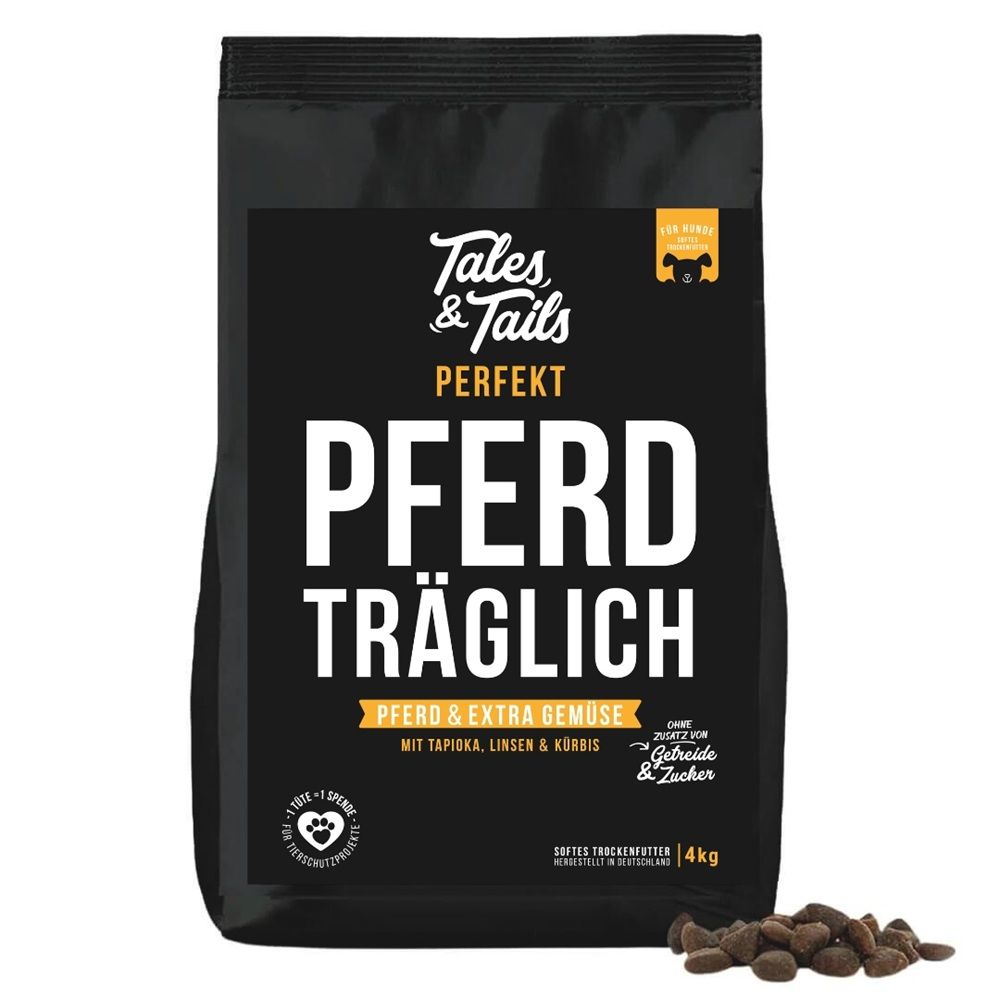 Schwarze Verpackung mit Produktnamen Tales & Tails Perfekt Pferd Träglich. Enthält Pferd & Extra Gemüse. 4kg.