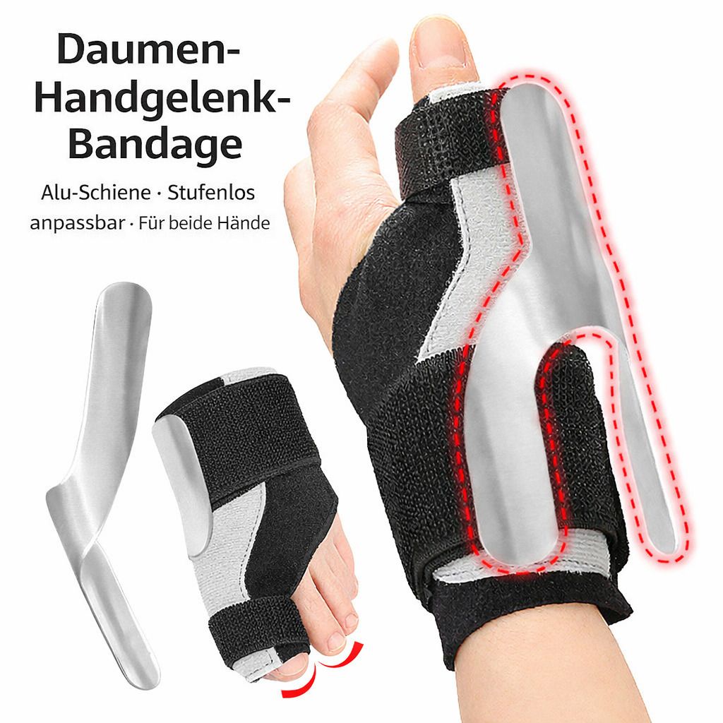 Daumen-Handgelenk-Bandage mit Alu-Schiene. Schwarz-weiß. Alu-Schiene und Bandage. Für beide Hände. Verstellbar.
