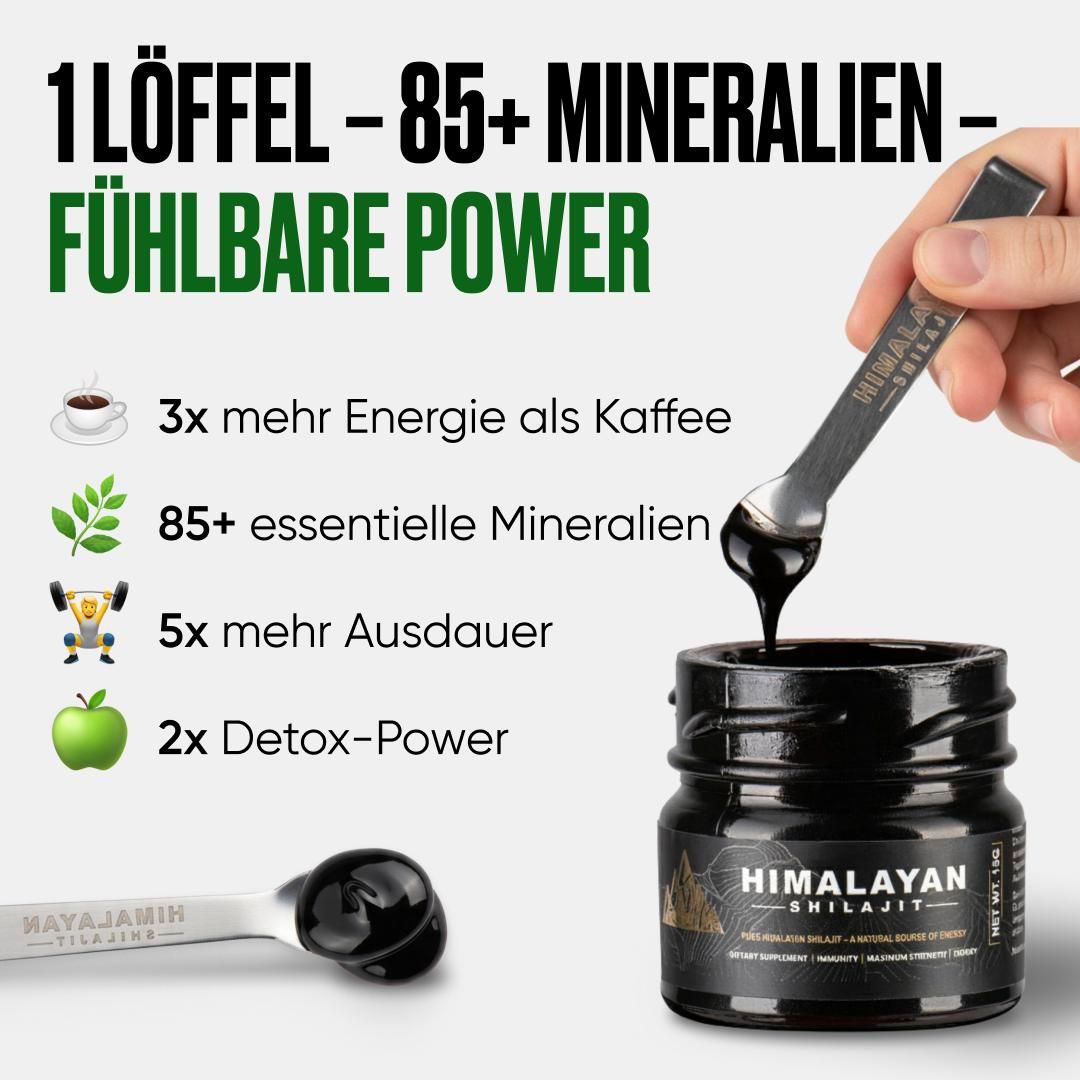 Glasbehälter mit schwarzem Inhalt, Löffel. Text: "1 Löffel - 85+ Mineralien - Fühlbare Power". Grafiken mit Icons.