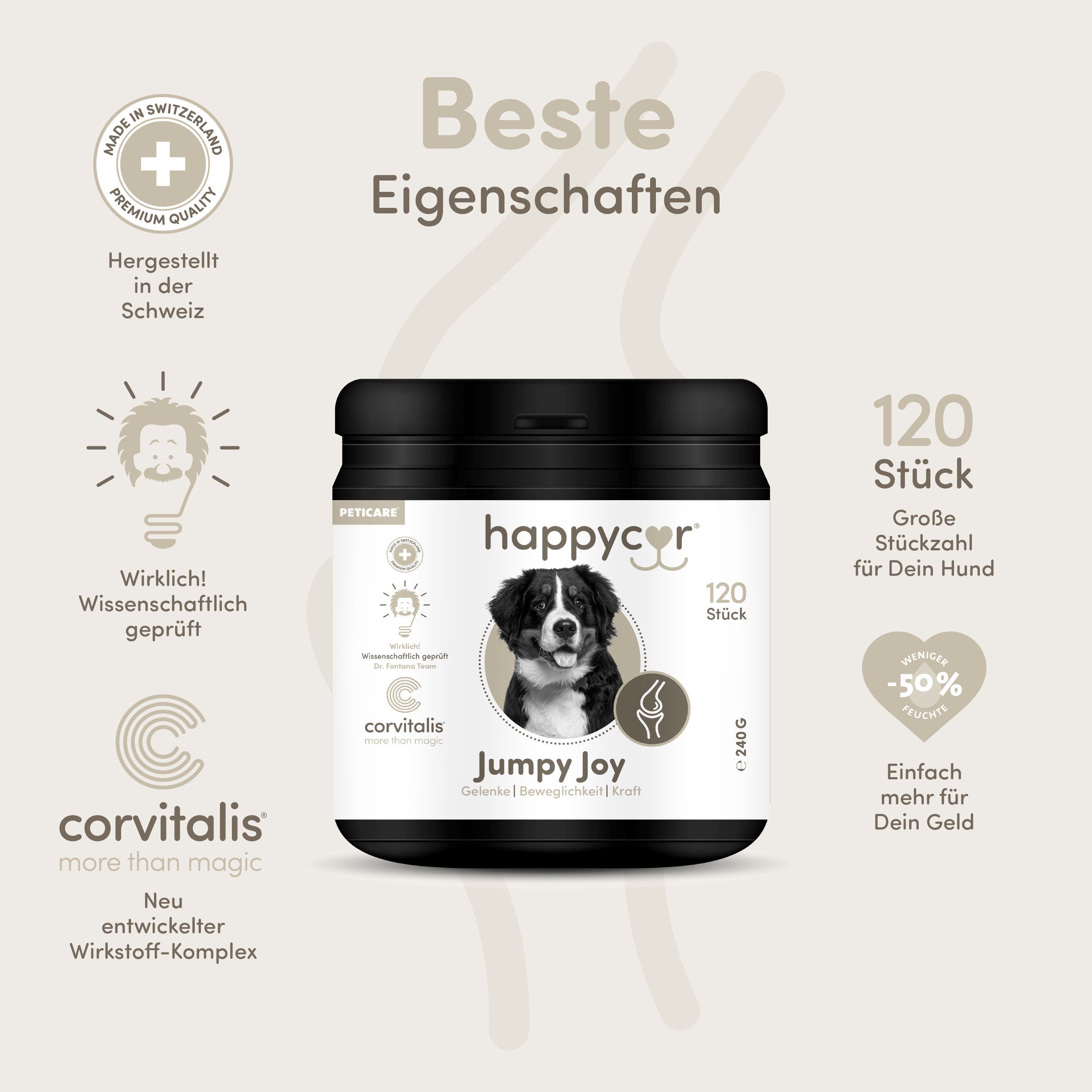 Schwarze Dose happycor Jumpy Joy. Text: 120 Stück. Logos: Schweiz, corvitalis. Aufkleber: -50% Feuchte.