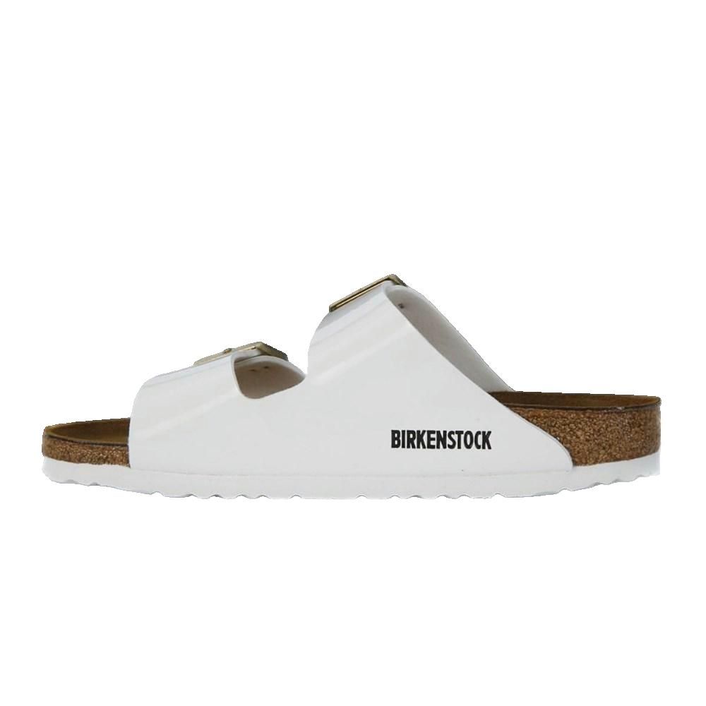 Sandalo bianco con due cinturini. Plantare in sughero. Fibbia dorata. Logo Birkenstock laterale.