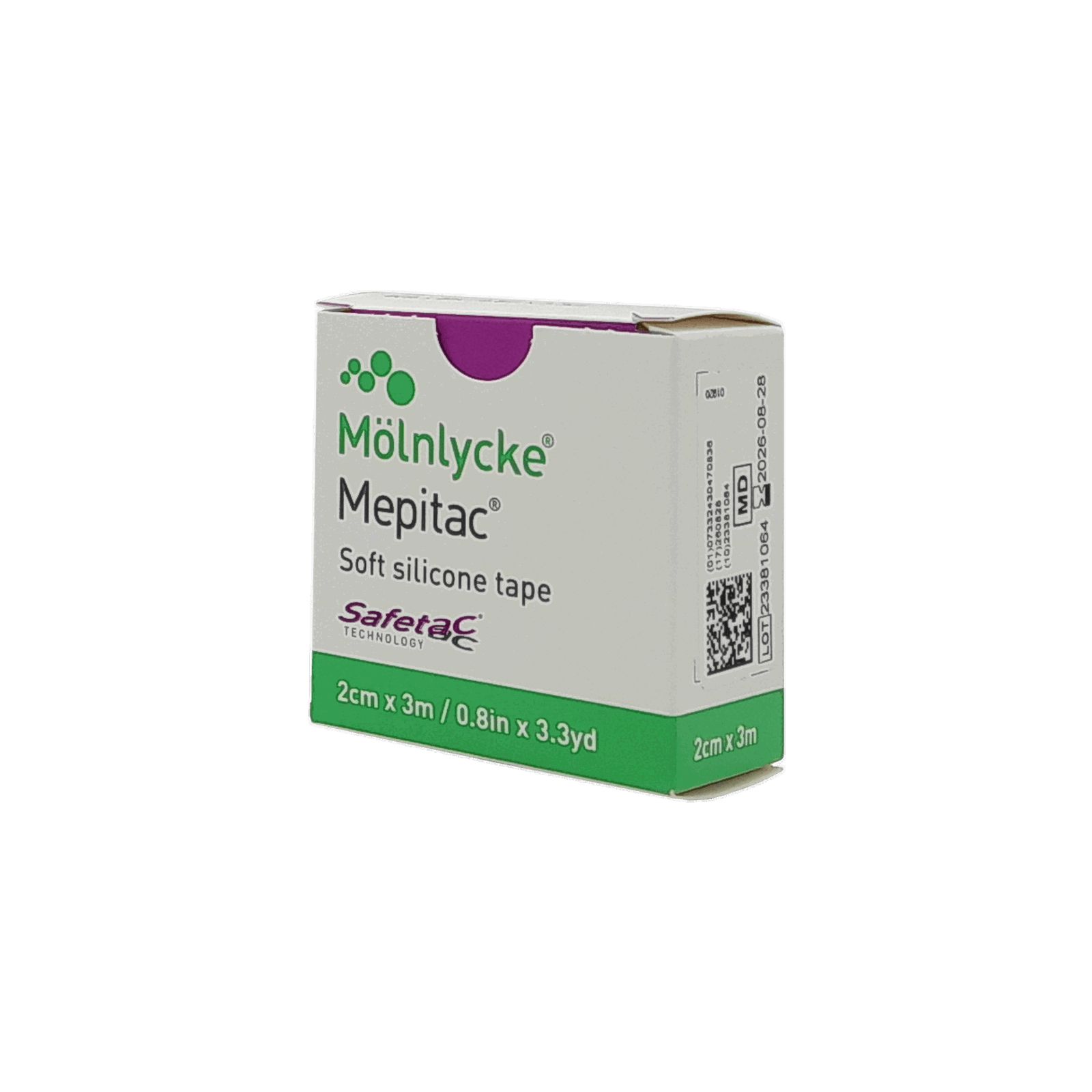 Karton mit Aufschrift Mepitel, 2cm x 3m. Weiches Silikonband. Grün und weiß. Safetac Technologie.
