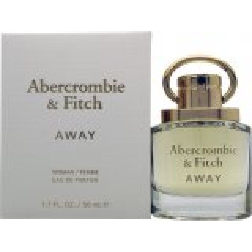 Parfümflakon neben weißer Verpackung mit Aufschrift "Abercrombie & Fitch AWAY".