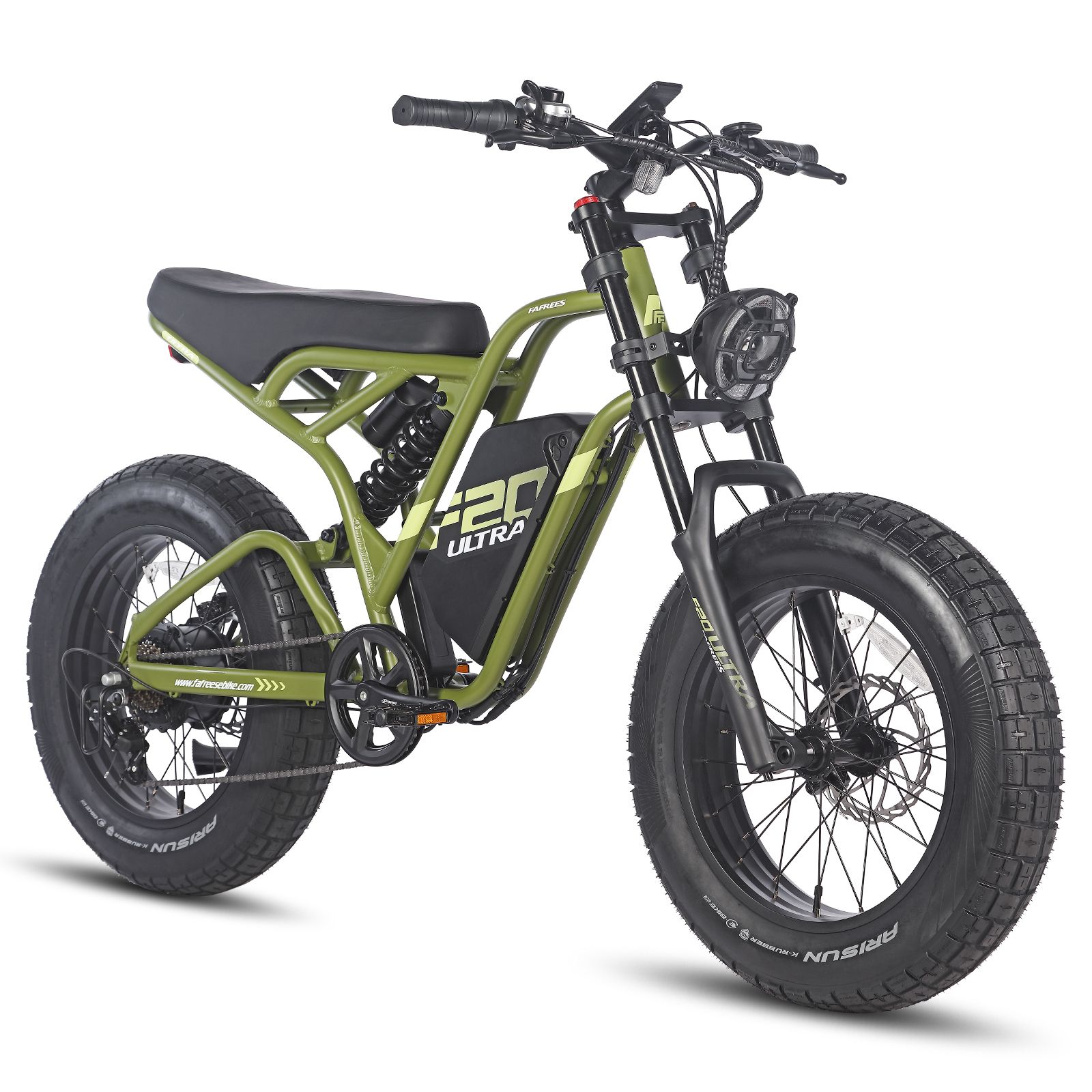 Grünes Elektro-Dirtbike mit schwarzen Reifen und Sattel. Auf dem Rahmen steht "F20 ULTRA".