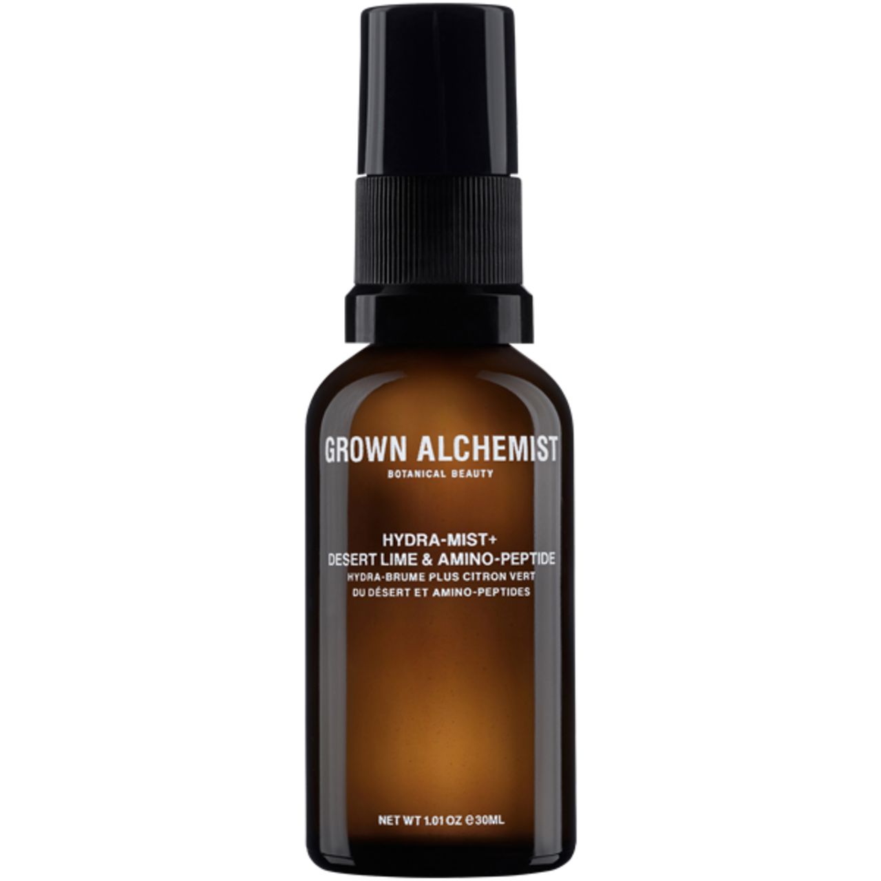 Braune Glasflasche mit schwarzem Sprühkopf. Beschriftung: Grown Alchemist, Hydra-Mist+, Desert Lime & Amino-Peptide.