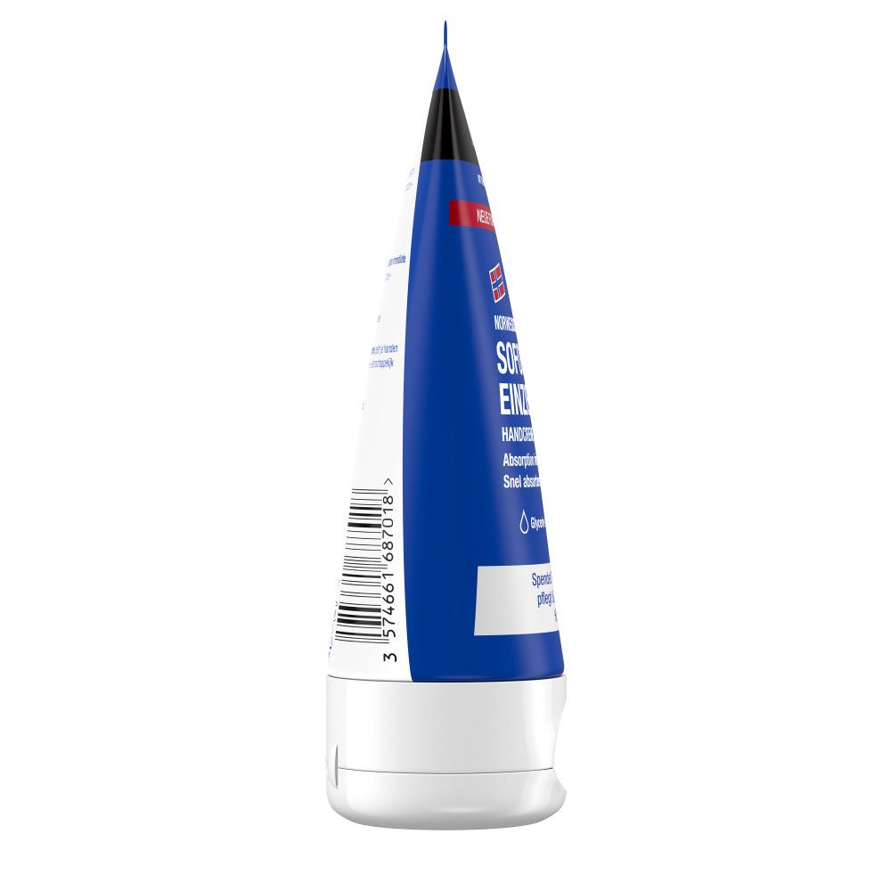 Seitenansicht der Handcreme-Tube. Neutrogena-Logo, Text, 75ml, Recycling-Symbol.