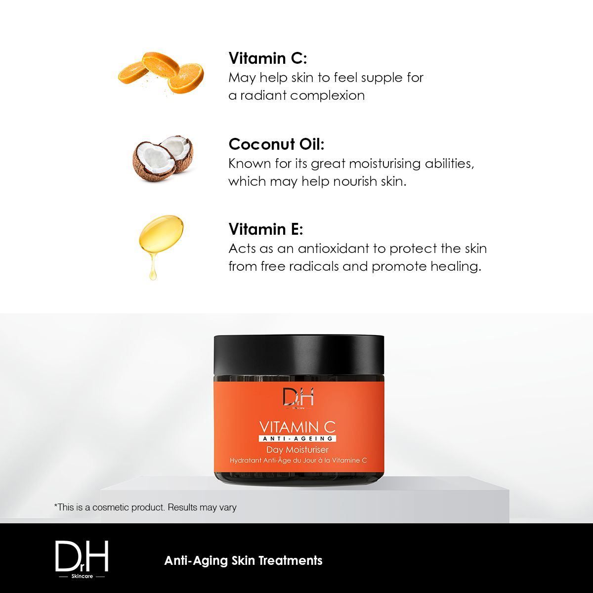 Dr H Vitamin C Anti-Aging Tagescreme mit Darstellungen von Vitamin C, Kokosöl und Vitamin E.