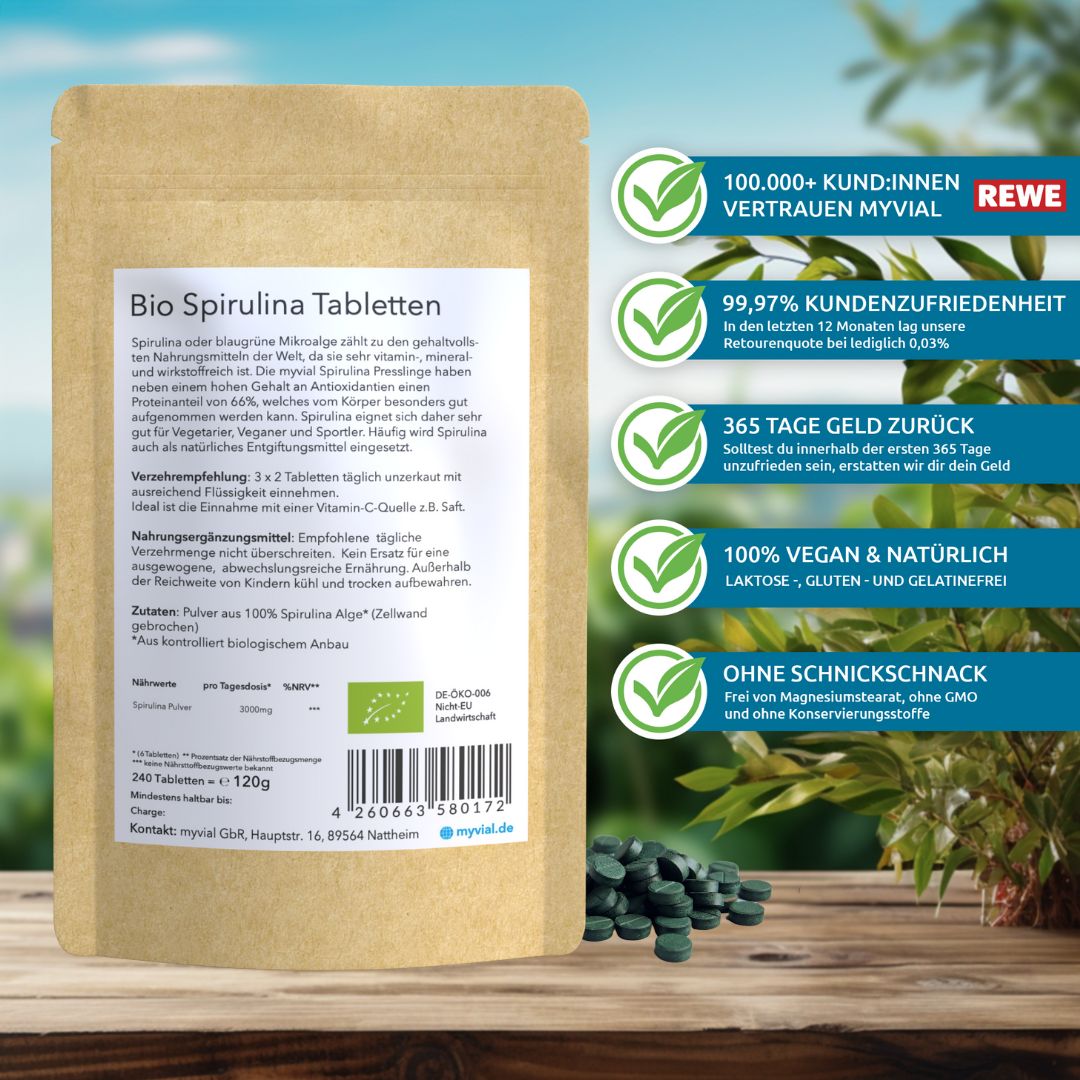 myvial® Bio Spirulina Tabletten - vegan & naturrein - Presslinge ohne Zusätze