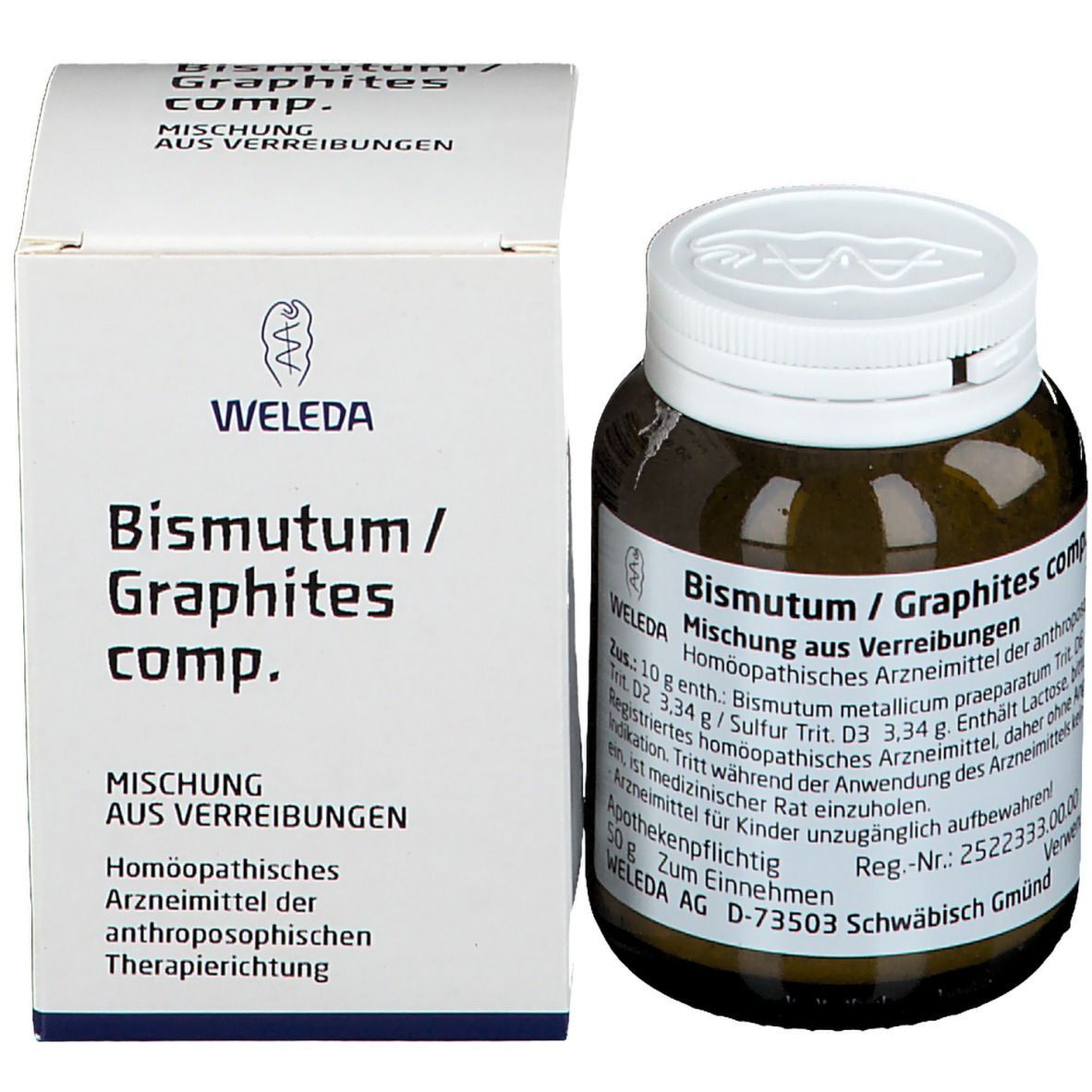 Braune Glasflasche und Karton. Auf dem Karton: Weleda, Bismutum / Graphites comp. Mischung aus Verreibungen. Apothekenzeichen auf dem Deckel.