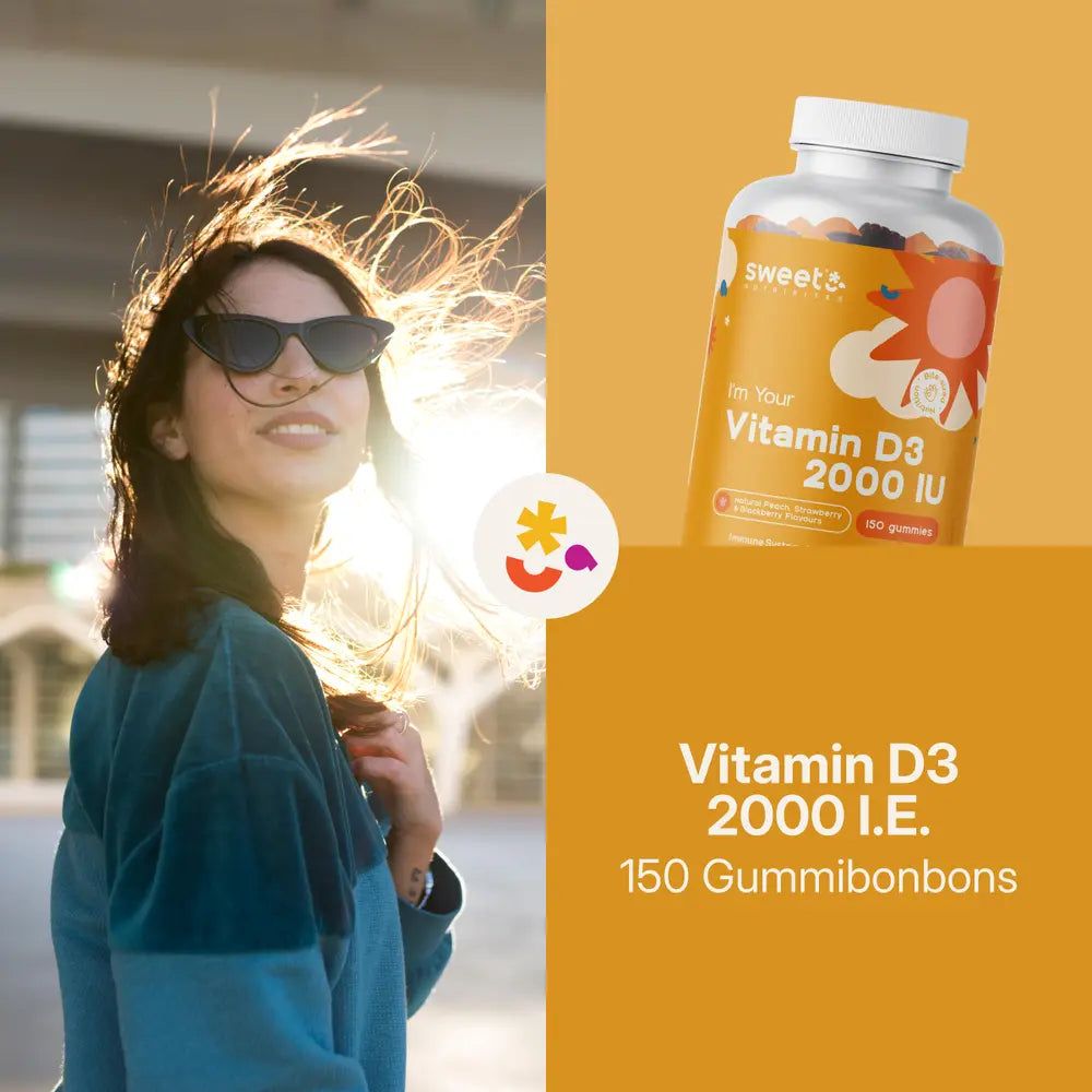 Frau mit Sonnenbrille neben einer Flasche Sweet Nutribites Vitamin D3 2000 I.E. Text: Vitamin D3 2000 I.E. 150 Gummibonbons.
