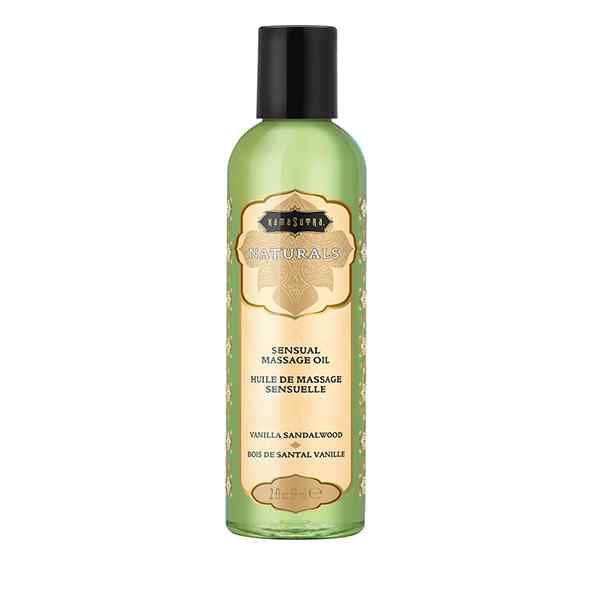 Grüne Flasche mit schwarzem Deckel. Aufschrift: Naturals Sensual Massage Oil Vanilla Sandelwood.