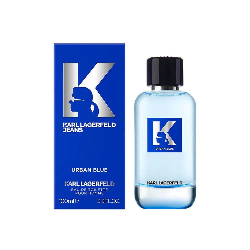 Hellblaue Flasche und blaue Verpackung. Flasche mit schwarzem Deckel und blauem Logo. Verpackung mit Logo und Schriftzug 'Urban Blue'.