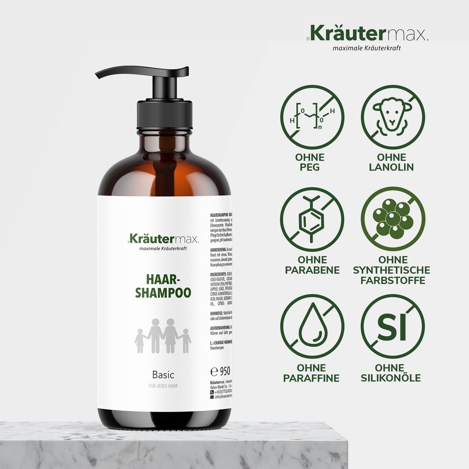 Braune Shampoo-Flasche mit schwarzem Pumpverschluss. Aufschrift: Haar-Shampoo, Basic. Symbole: Ohne PEG, Lanolin, Parabene, synthetische Farbstoffe, Paraffine, Silikonöle.